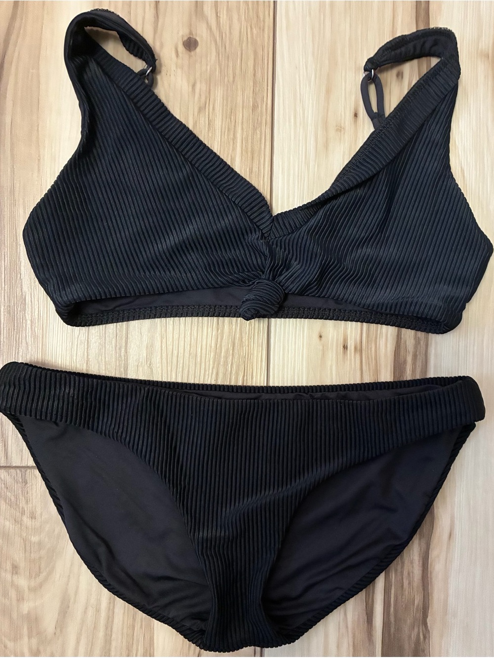 Frankie's Bikinis Black Ribbed Knot Bralette Bikini Set